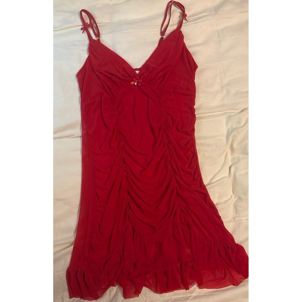 Flora Red Ruched‎ Sheer Mesh Lingerie Mini Dress Babydoll, Large